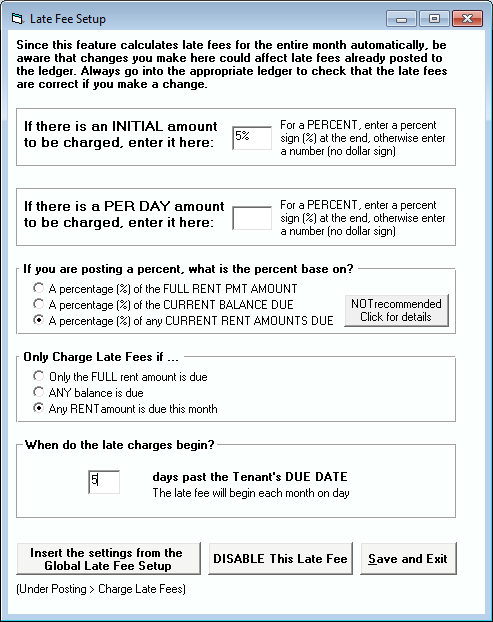 Tenant File Individual Late Fee Screen