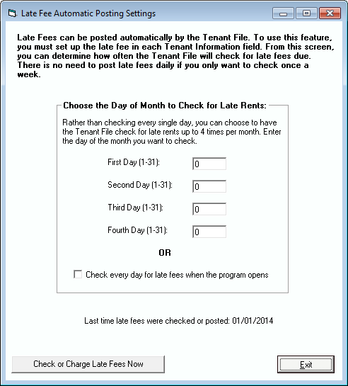 Tenant File Late Fee Setup Screen