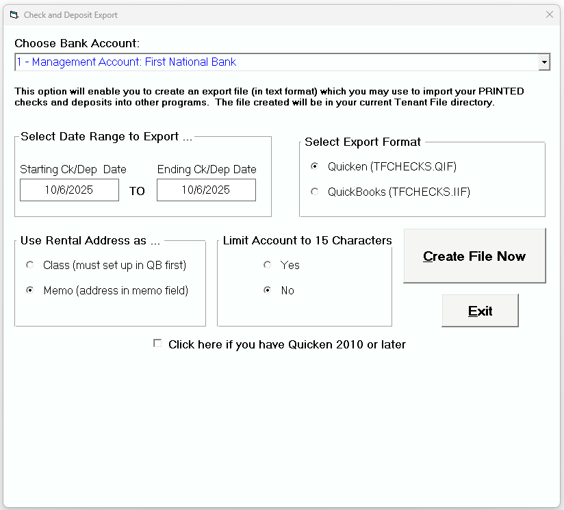 Tenant File Check / Deposit Export