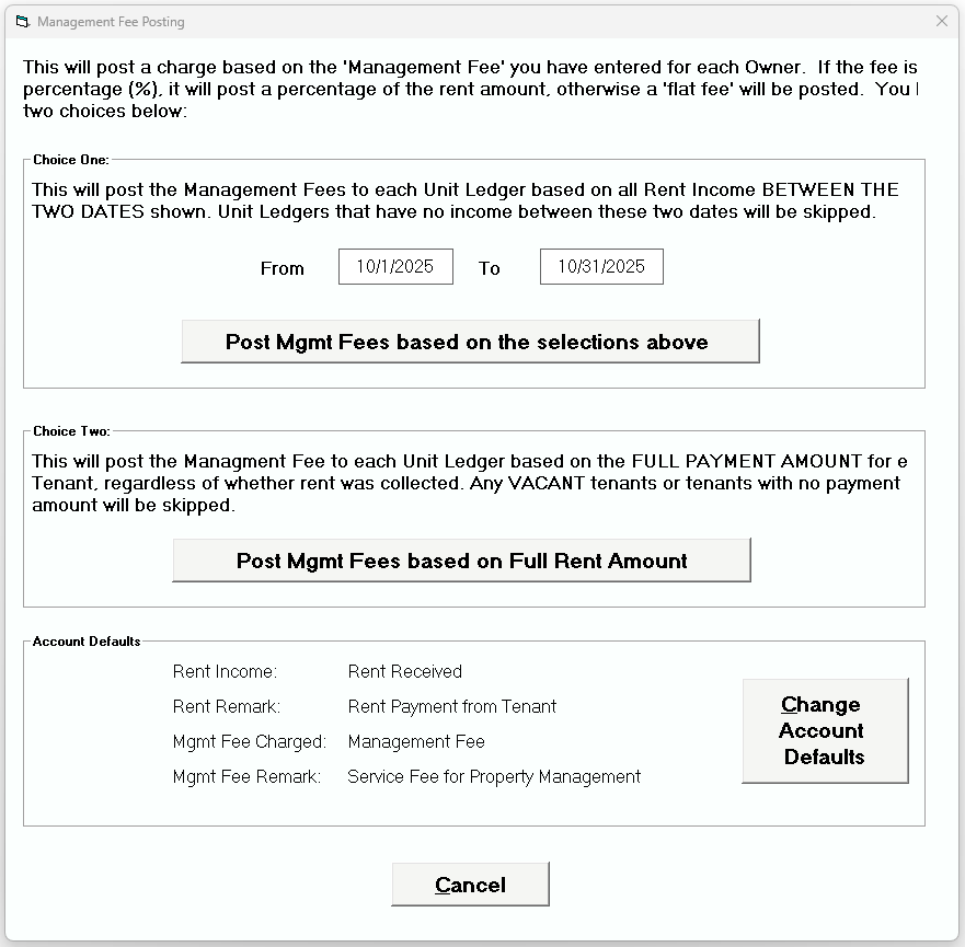 Posting Management Fees using the Automatic Posting Option