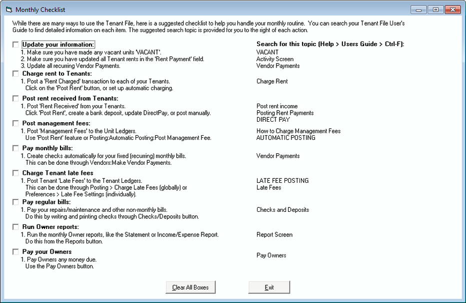 Tenant File Monthly Checklist