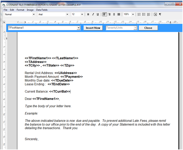 Sample tenant letter for the Tenant File Word Processor