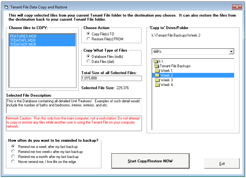 Tenant File Backup Screen